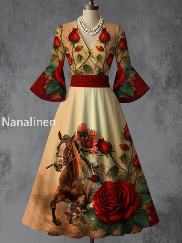 Retro Dreby Horse Floral Art Printed V-Neck Vintage Chic Pleated Waist Flare Sleeve Midi Dress A / S