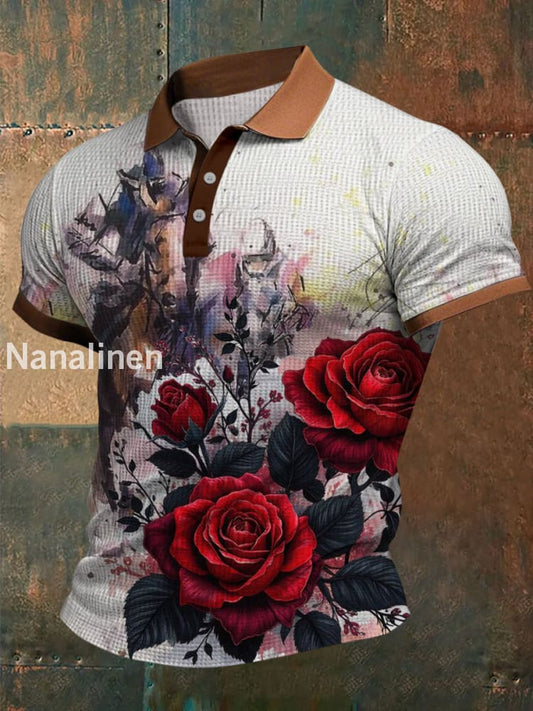 Retro Dreby Horse Waffle Texture Pattern Printed Village V-Neck Short Sleeves Shirt A / S