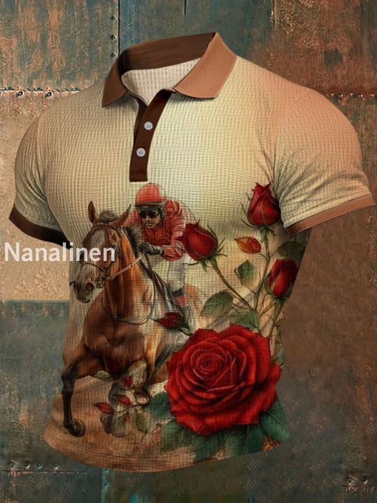 Retro Dreby Horse Waffle Texture Pattern Printed Village V-Neck Short Sleeves Shirt A / S