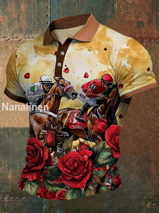 Retro Dreby Horse Waffle Texture Pattern Printed Village V-Neck Short Sleeves Shirt A / S