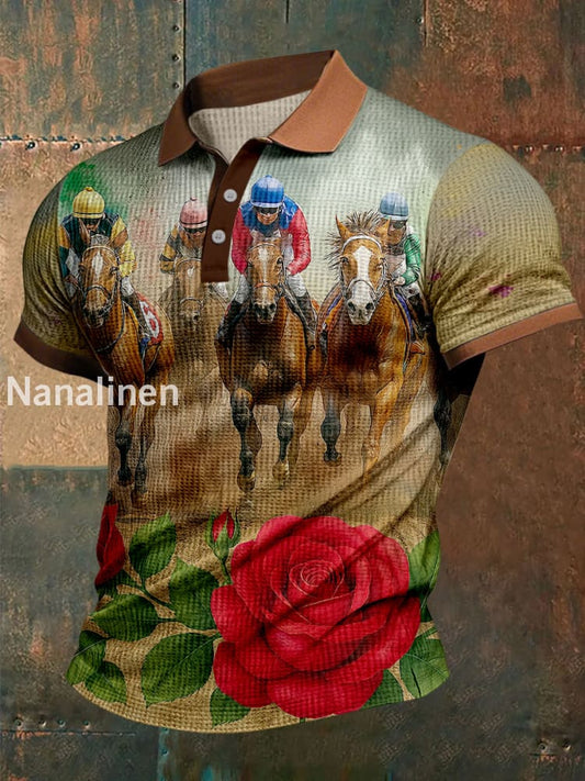 Retro Dreby Horse Waffle Texture Pattern Printed Village V-Neck Short Sleeves Shirt A / S