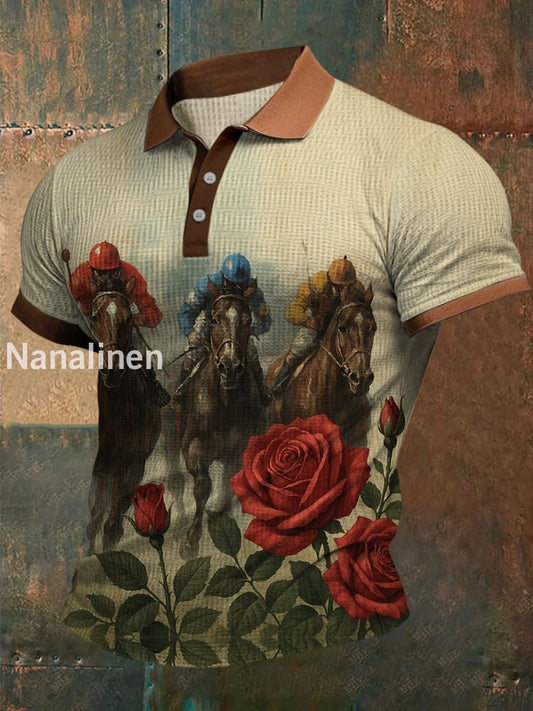 Retro Dreby Horse Waffle Texture Pattern Printed Village V-Neck Short Sleeves Shirt A / S
