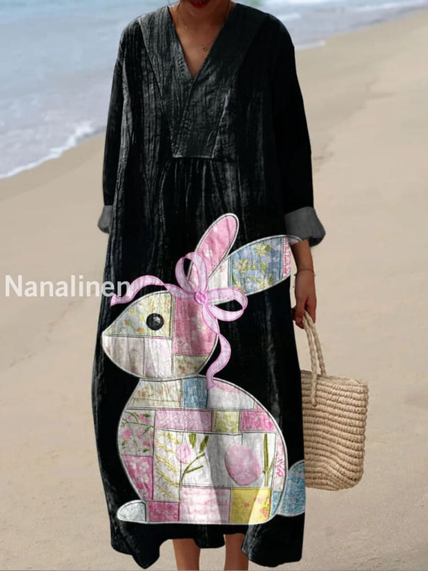 Retro Easter Bunny Printed V-Neck Vintage Casual Loose Long Sleeves Dress A / S