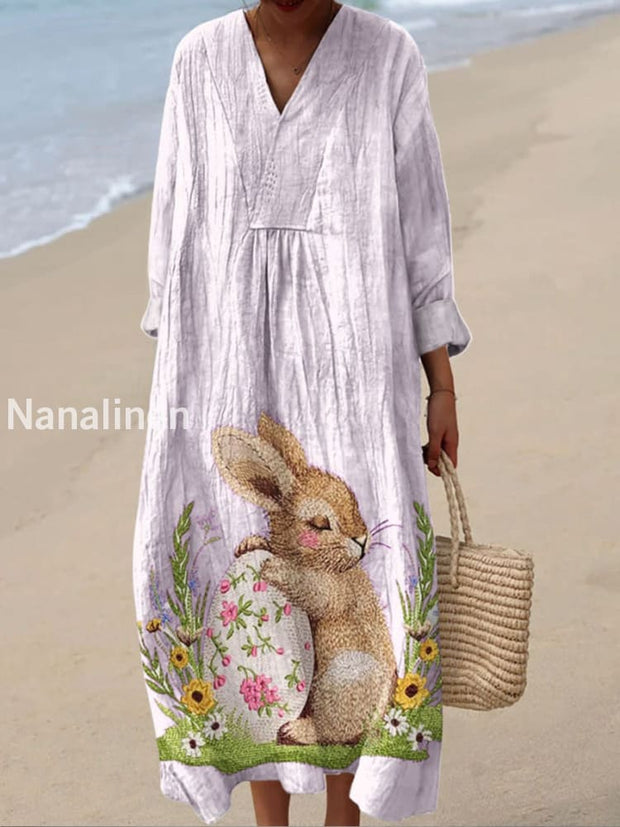 Retro Easter Bunny Printed V-Neck Vintage Casual Loose Long Sleeves Dress A / S