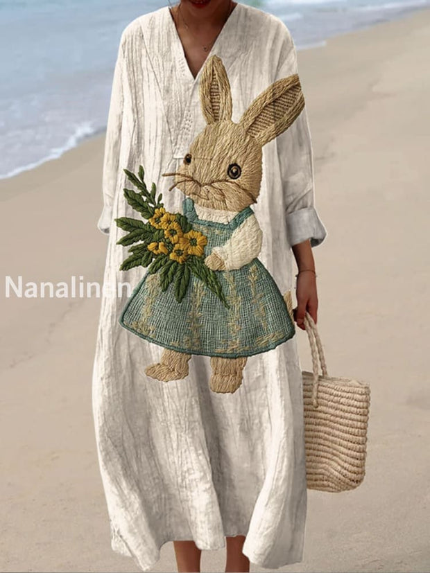 Retro Easter Bunny Printed V-Neck Vintage Casual Loose Long Sleeves Dress A / S