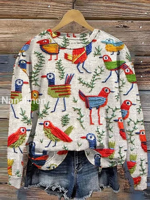 Retro Embroidered Art Bird Print Casual Round Neck Long Sleeve Sweater Top A / S