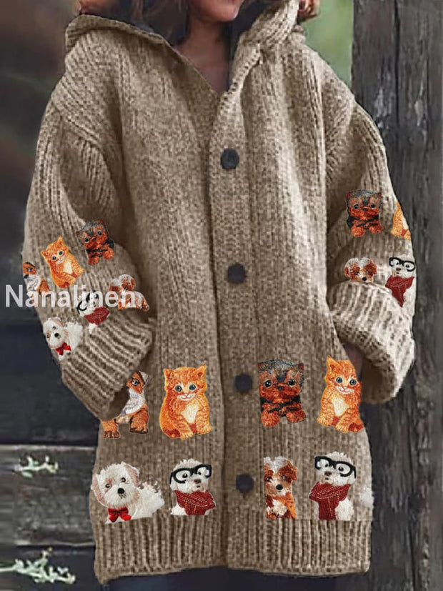 Retro Embroidered Cat Print Button Thick Long Sleeve Hooded Cardigan A / S