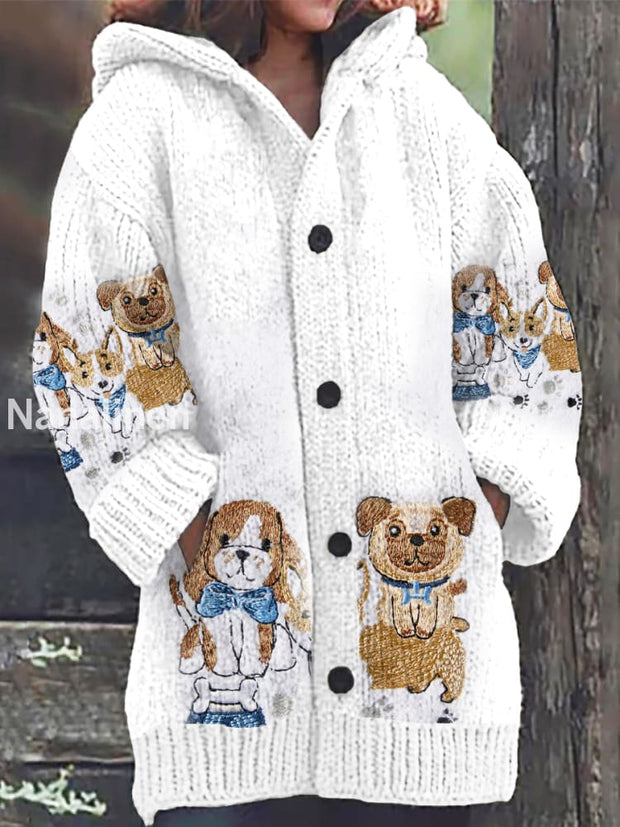 Retro Embroidered Dog Print Button Thick Long Sleeve Hooded Cardigan A / S