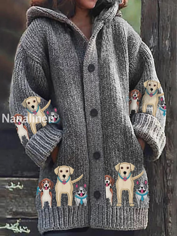 Retro Embroidered Dog Print Button Thick Long Sleeve Hooded Cardigan A / S