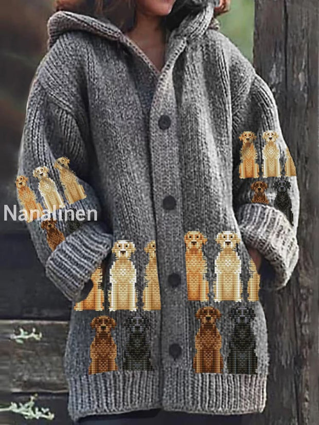 Retro Embroidered Dog Print Button Thick Long Sleeve Hooded Cardigan A / S