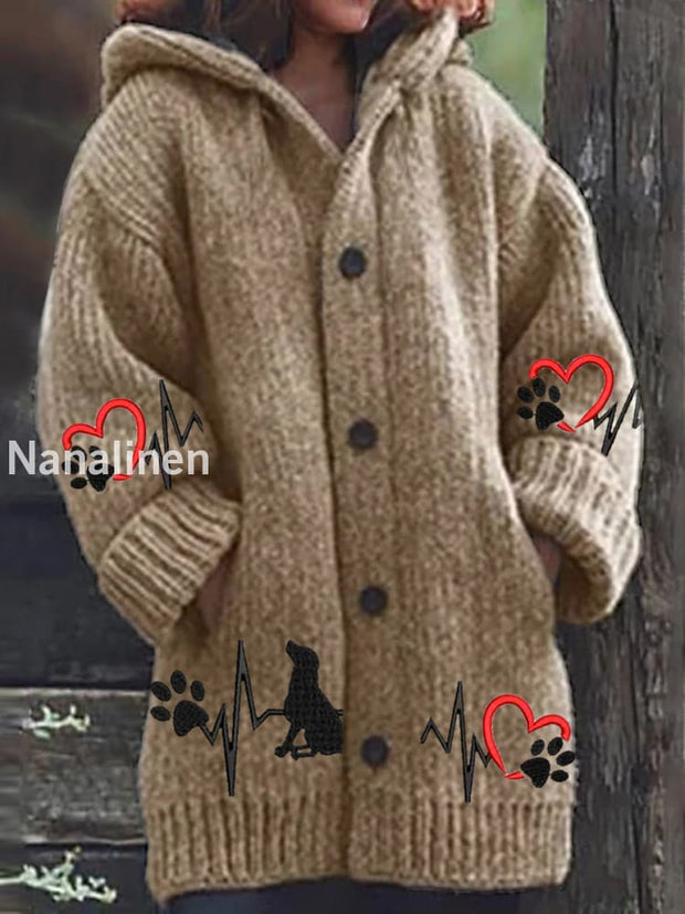 Retro Embroidered Dog Print Button Thick Long Sleeve Hooded Cardigan A / S