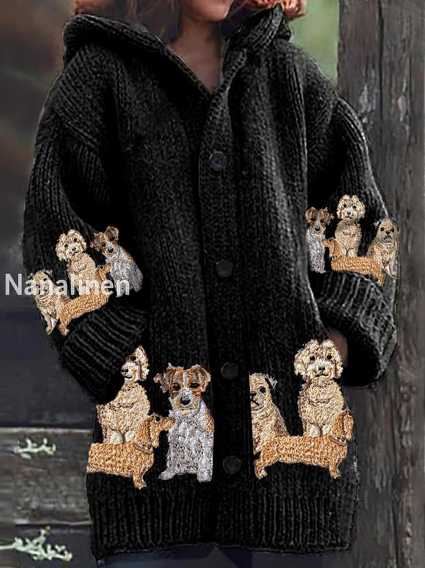 Retro Embroidered Dog Print Button Thick Long Sleeve Hooded Cardigan A / S