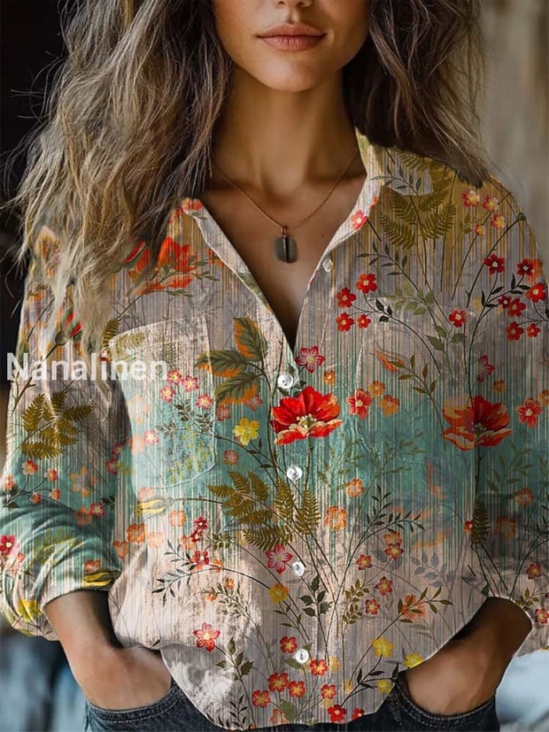 Retro Fashion Art Floral Print V-Neck Long Sleeve Button-Up Top As picture / S