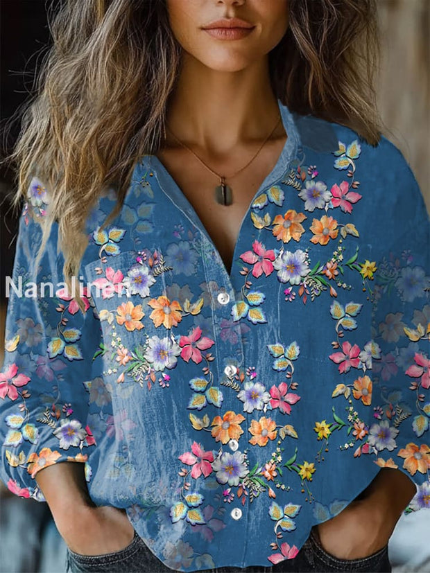 Retro Fashion Art Floral Print V-Neck Long Sleeve Button-Up Top As picture / S