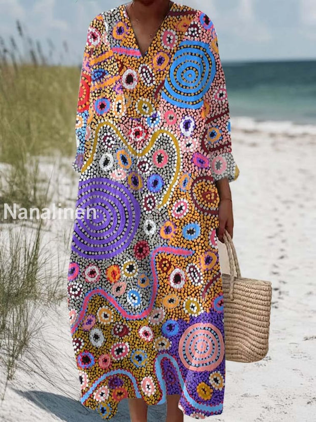 Retro Fashion Art Print Casual Wide Brim V-Neck Long Skirt Dress As picture / S