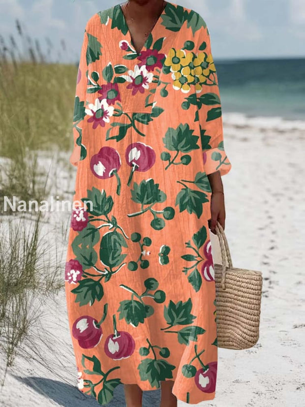 Retro Fashion Art Print Casual Wide Brim V-Neck Long Skirt Dress As picture / S