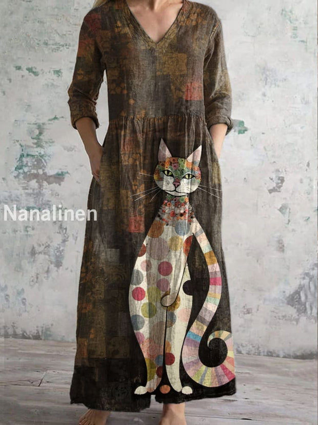 Retro Fashion Cute Cat Print Casual Midi Dress As picture / S