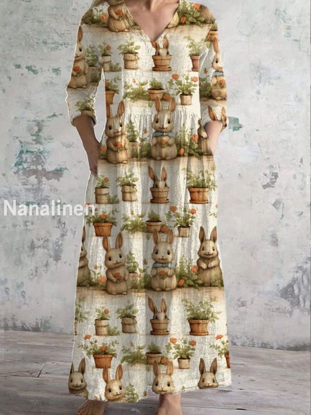 Retro Fashion Easter Bunny Art Print Casual V-Neck Dress As picture / S