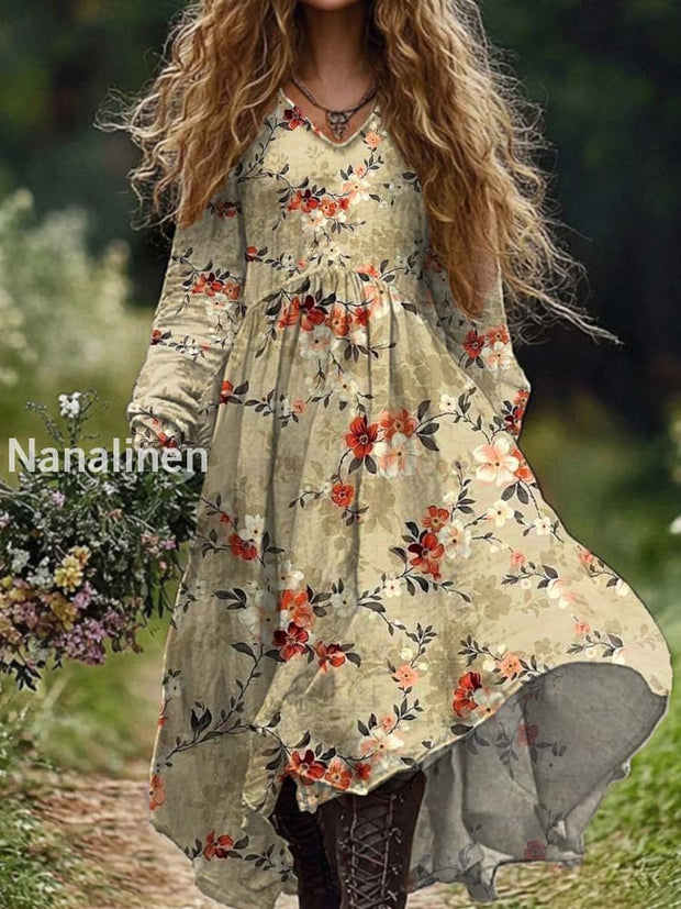 Retro Fashion Floral Art Print Casual Midi Dress As picture / S