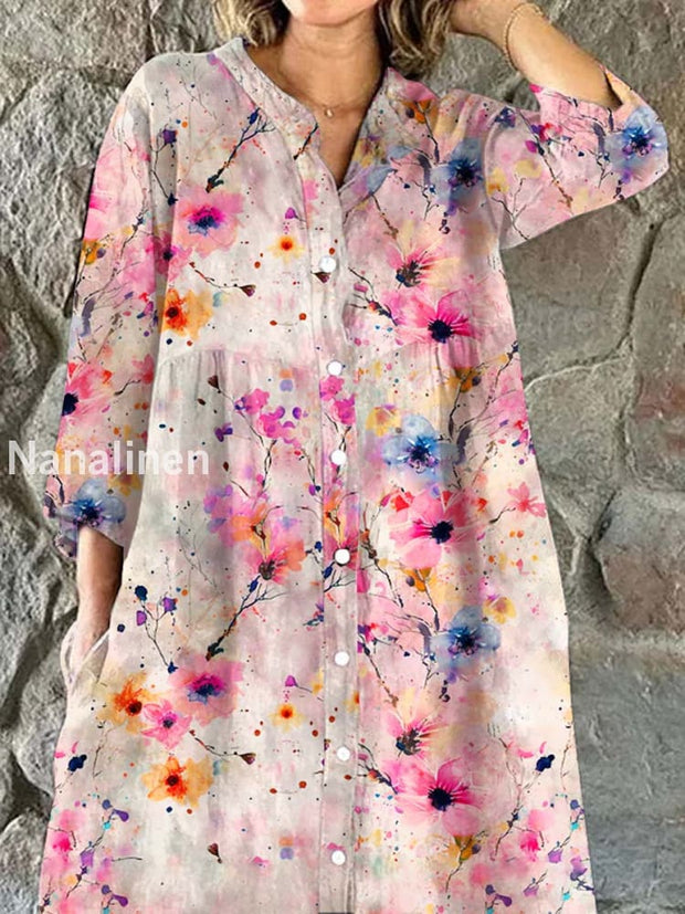 Retro Fashion Floral Art Print Midi Shirt As picture / S