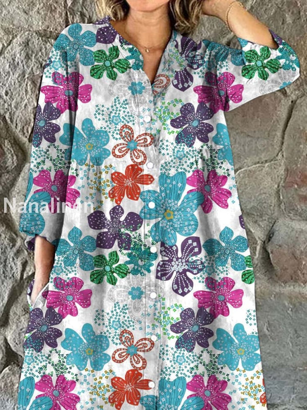 Retro Fashion Floral Art Print Midi Shirt As picture / S