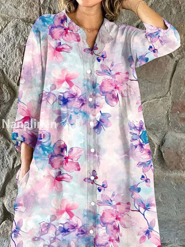 Retro Fashion Floral Art Print Midi Shirt As picture / S