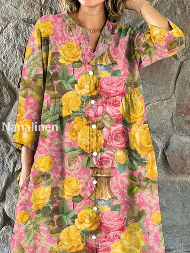 Retro Fashion Floral Art Print Midi Shirt As picture / S