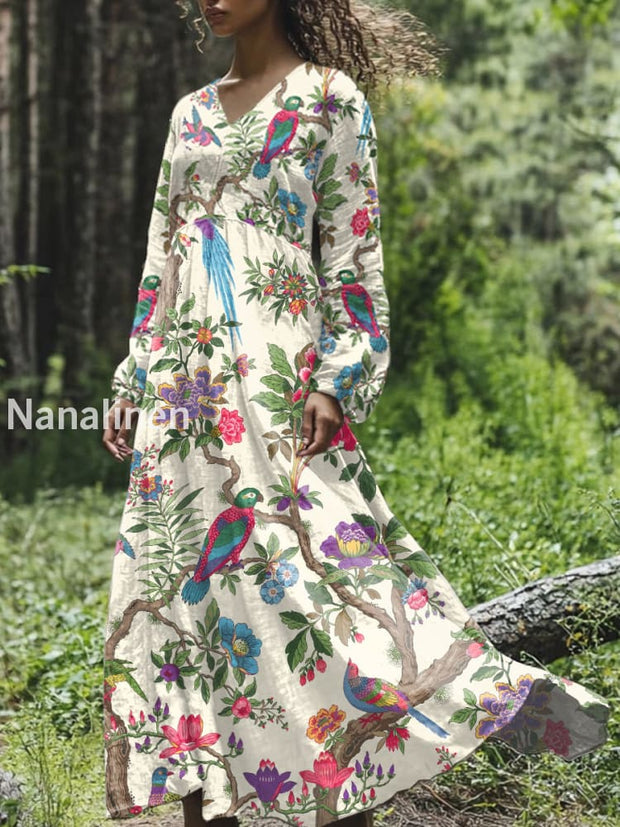 Retro Fashion Floral Illustration Print Casual Midi Dress As picture / S