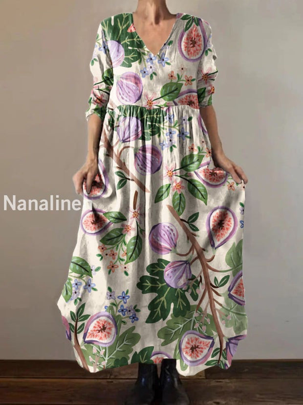 Retro Fashion Floral Illustration Print V-Neck Dress As picture / S