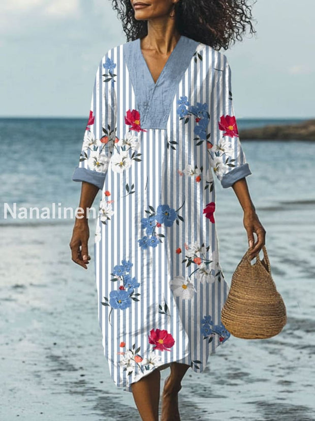 Retro Fashion Floral Print Casual Wide Brim V-Neck Long Dress As picture / S