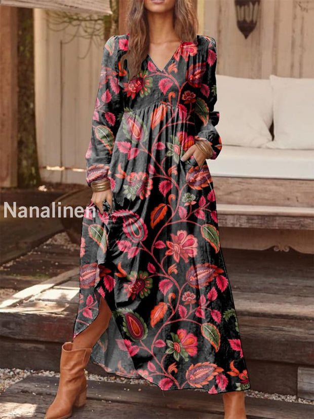 Retro Fashion Floral Print V-Neck Long Sleeve Midi Dress As picture / S