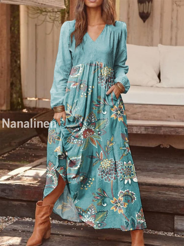 Retro Fashion Floral Print V-Neck Long Sleeve Midi Dress As picture / S