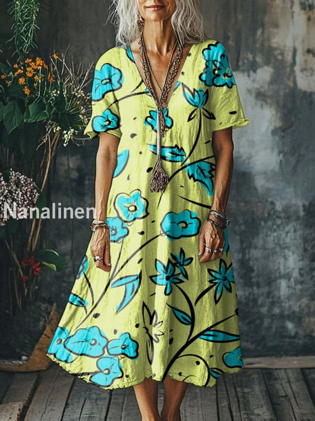 Retro Fashion Floral Print V-Neck Short Sleeve Midi Dress As picture / S