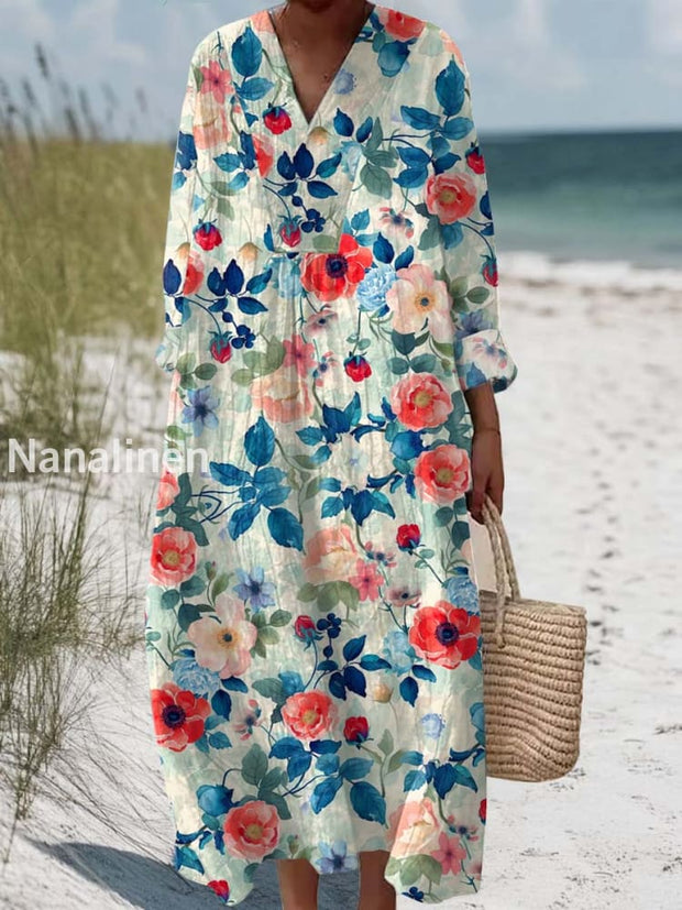 Retro Fashion Floral Print Wide Brim V Neck Dress As picture / S