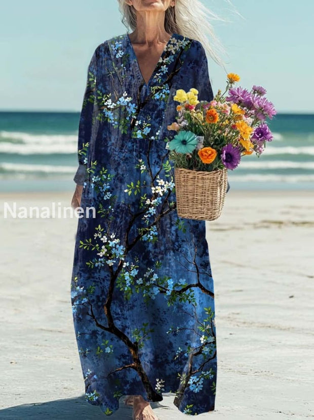 Retro Fashion Floral Print Wide Brim V Neck Dress As picture / S