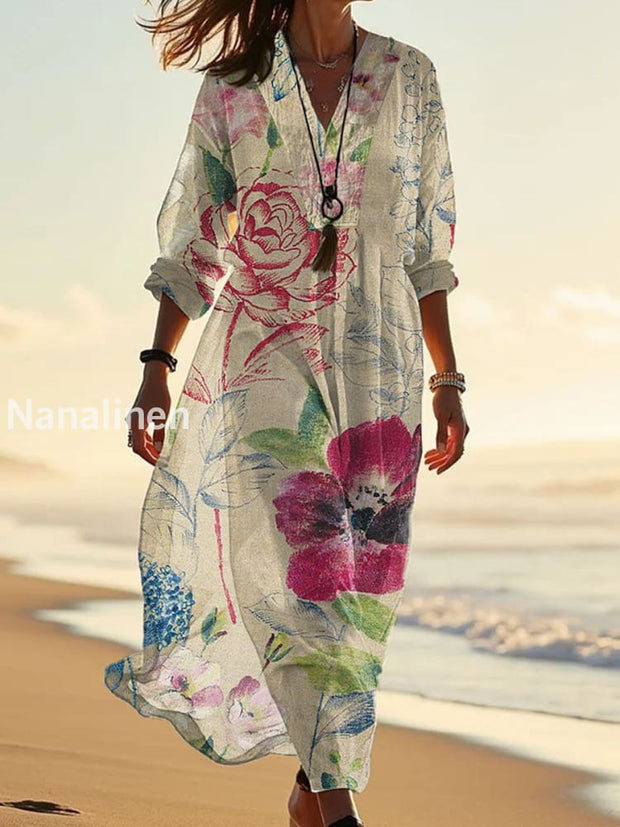 Retro Fashion Floral Print Wide V-Neck Long Dress As picture / S