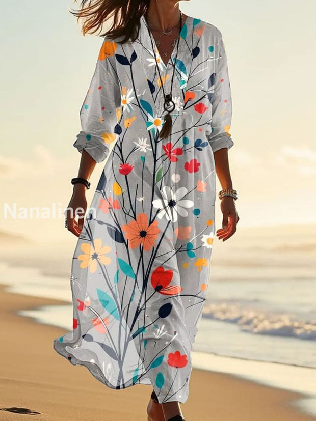 Retro Fashion Floral Print Wide V-Neck Long Dress As picture / S