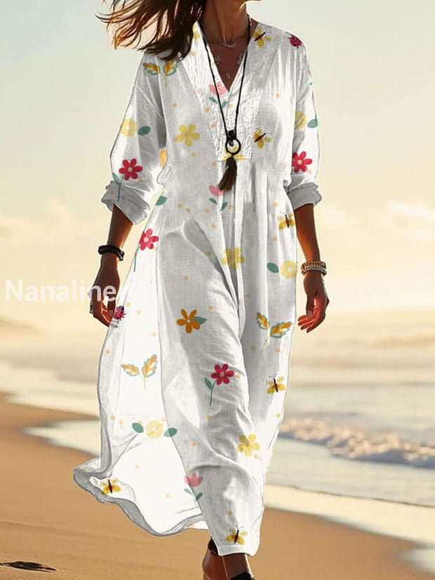 Retro Fashion Floral Print Wide V-Neck Long Dress As picture / S