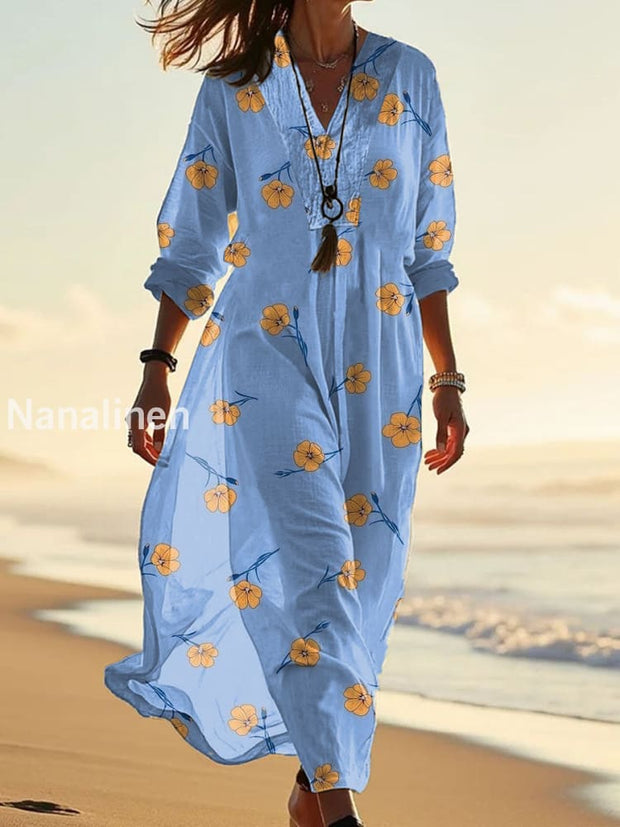 Retro Fashion Floral Print Wide V-Neck Long Dress As picture / S