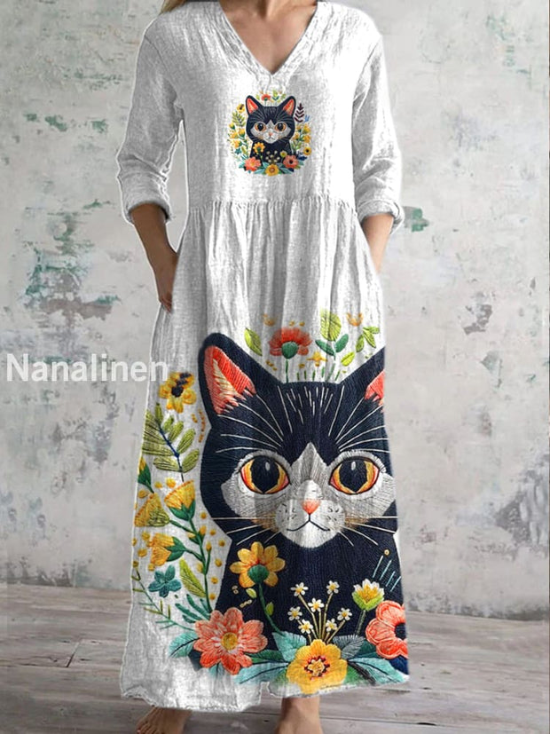 Retro Fashion Graffiti Cat Print Casual V-Neck Dress As picture / S