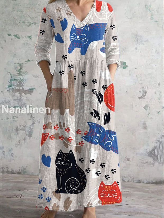 Retro Fashion Graffiti Cat Print Casual V-Neck Dress As picture / S