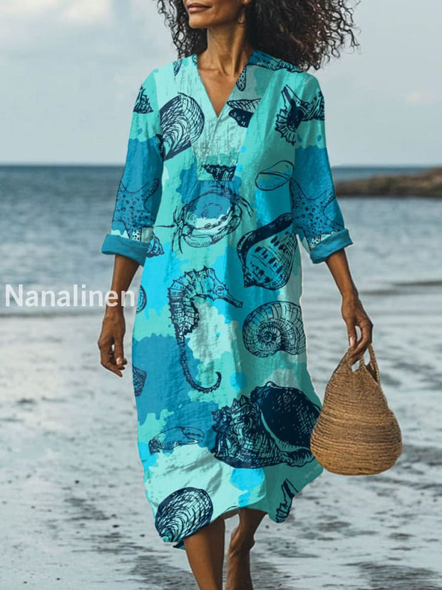 Retro Fashion Marine Print Casual Wide Brim V-Neck Long Dress As picture / S