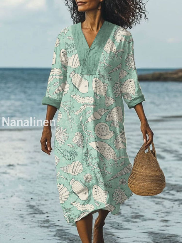 Retro Fashion Marine Print Casual Wide Brim V-Neck Long Dress As picture / S