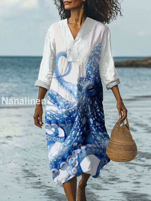 Retro Fashion Octopus Print Casual Wide Brim V-Neck Long Dress As picture / S