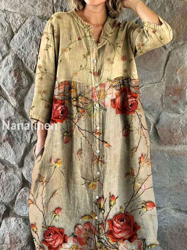 Retro Floral Art Patchwork Print Chic V-Neck Three-Quarter Sleeve Button Elegant Midi Dress A / S