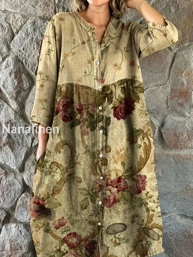 Retro Floral Art Patchwork Print Chic V-Neck Three-Quarter Sleeve Button Elegant Midi Dress A / S