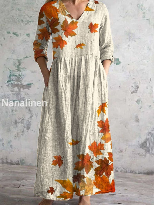 Retro Floral Art Print Chic V-Neck Three-Quarter Sleeve Elegant Mid-Length Dress A / S