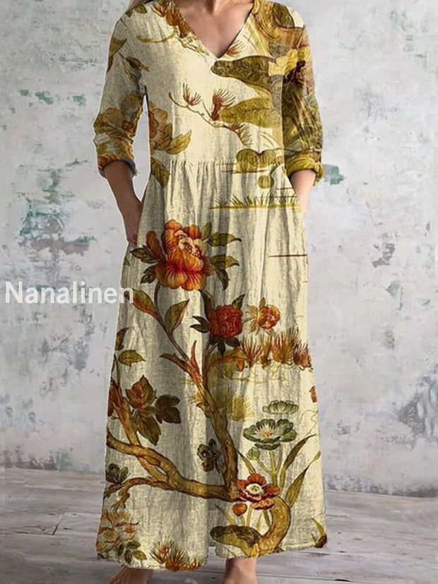 Retro Floral Art Print Chic V Neck Three Quarter Sleeve Elegant Midi Dress A / S