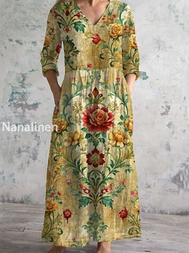 Retro Floral Art Print Chic V-Neck Three-Quarter Sleeve Elegant Midi Dress A / S