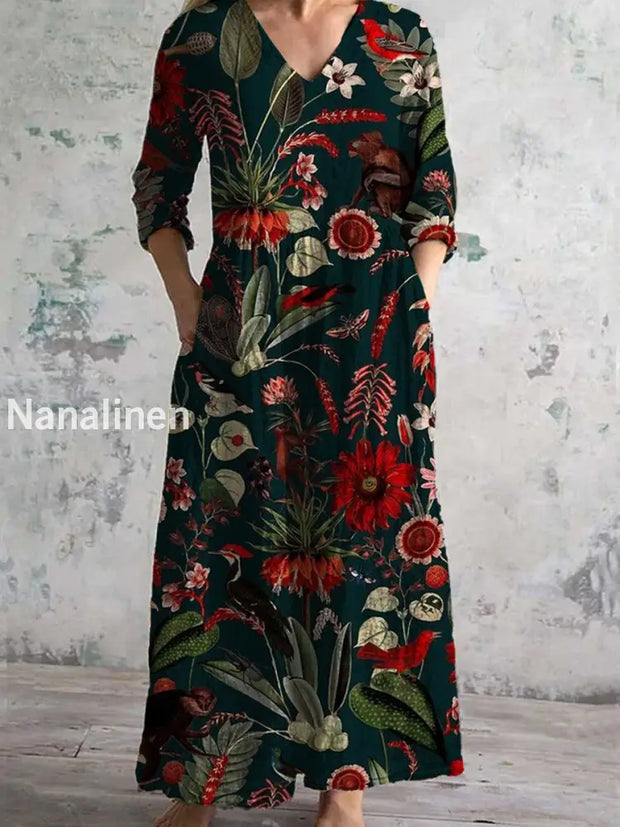 Retro Floral Art Print Chic V-Neck Three-Quarter Sleeve Elegant Midi Dress A / S